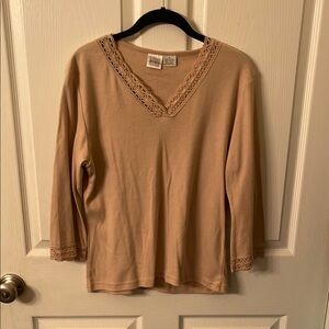 Beige V-Neck Top with Lace Trim